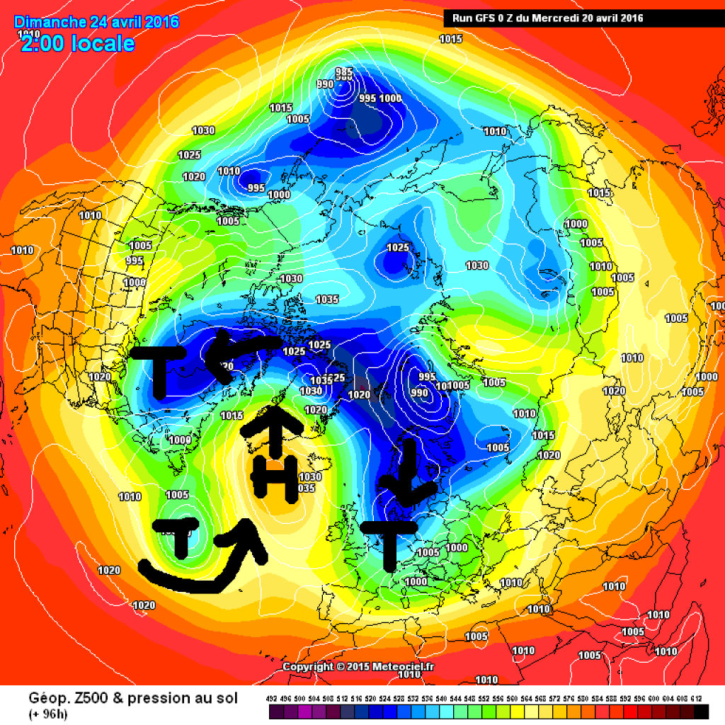 500hPa geopotential and ground pressure, Sunday (24.4.16): Strongly wavy gorss weather situation with omega-like arranged pressure centers.