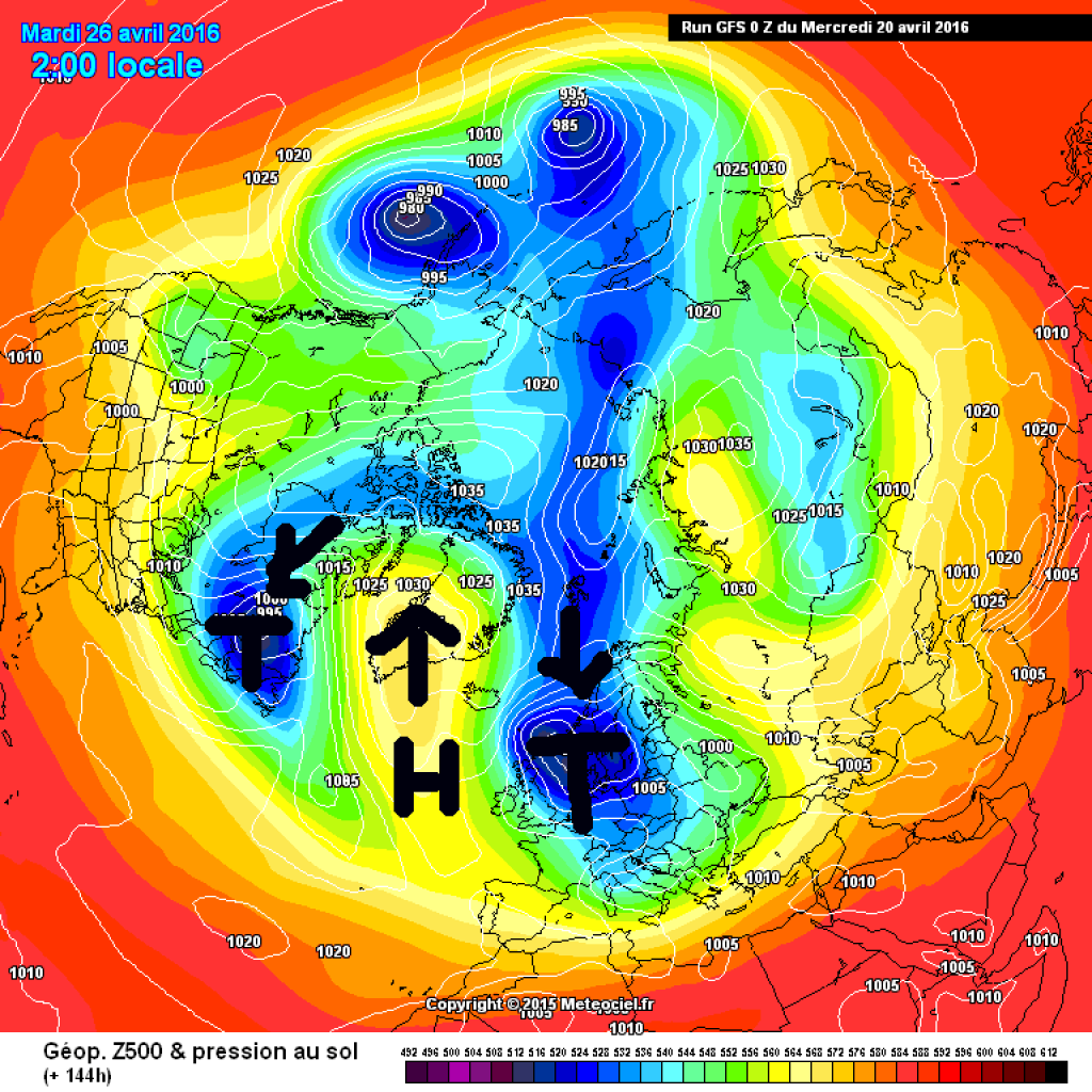 500hPa geopotential and ground pressure, exemplary map for next week (Tuesday, 26.4.): High maintenance tendency and good chance of persistent late-winter weather in the Alpine region.