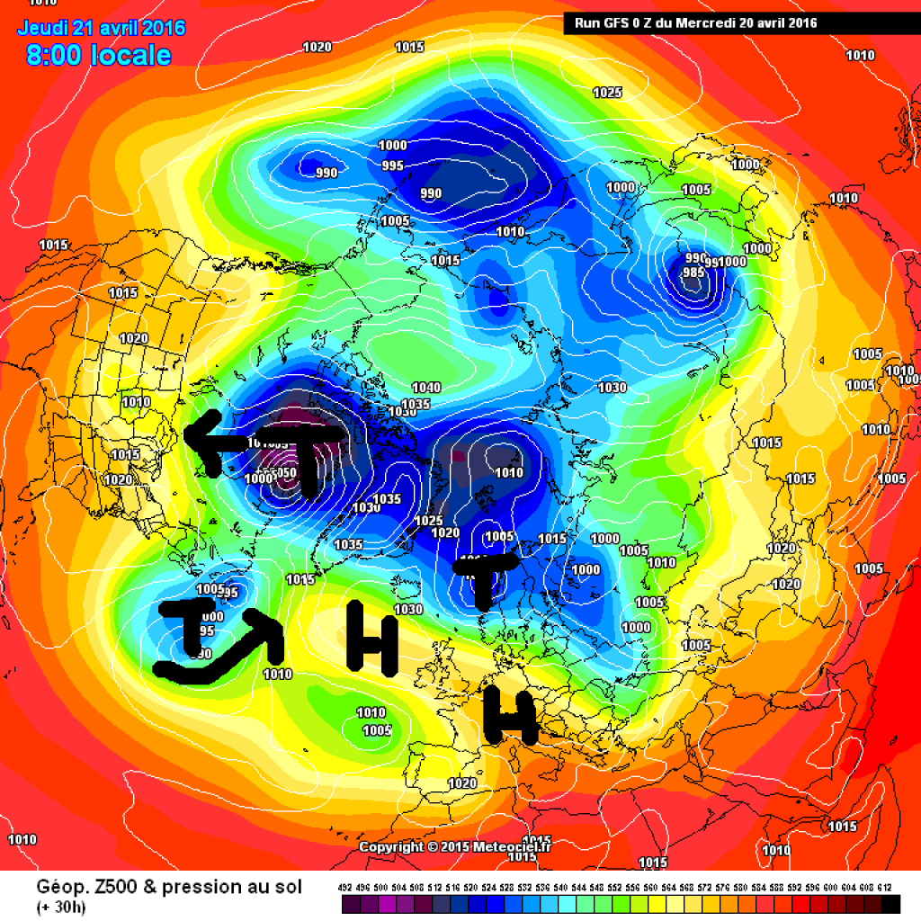 500hPa geopotential and surface pressure, Thursday (21.4.16). Atlantic high is increasingly rising.