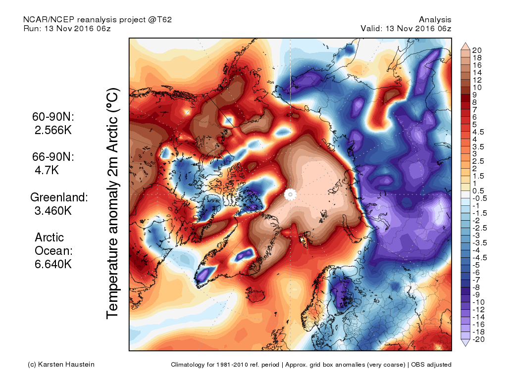 2 meter temperature anomalies over the Arctic. The Siberian land mass is very cold, the Arctic Ocean is very warm.