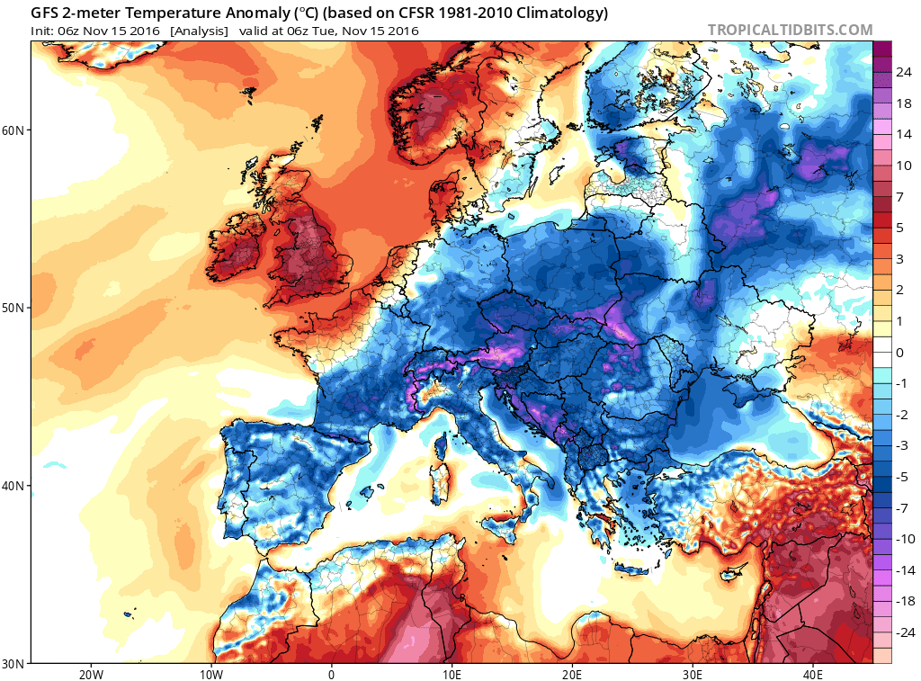 2m temperature anomalies over Europe, yesterday, Tuesday, 15.11.