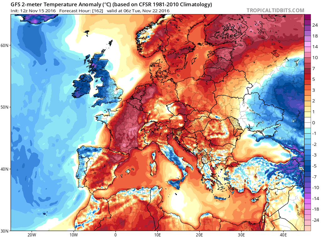 2m temperature anomalies over Europe, forecast Tuesday 22.11.