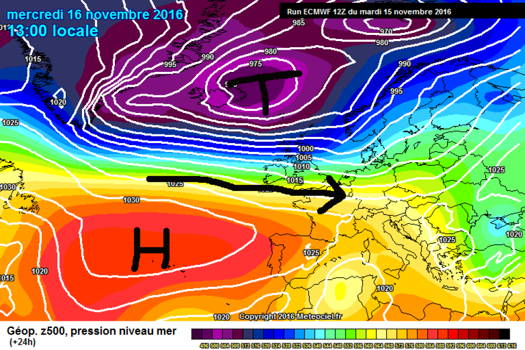 500hPa geopotential and surface pressure, Wednesday 16.11. (ECMWF). Westerly flow brings mild, humid Atlantic air.