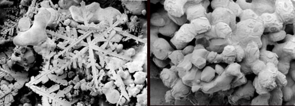 Natural snow on the left (including a few artificial snow grains), artificial snow on the right. (Electron microscope)