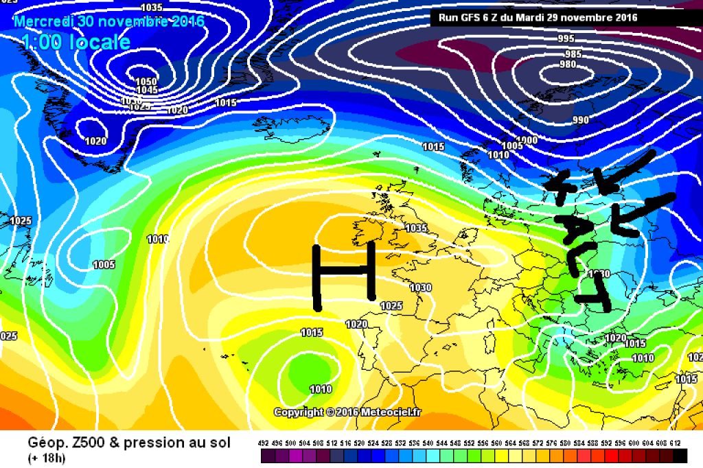 500hPa geopotential and ground pressure, Wednesday 30.11. Cold air from the east and a high over the British Isles produce bare frost.