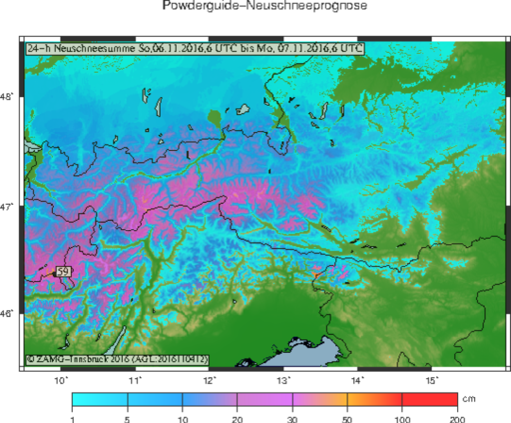 Cumulative amounts of fresh snow in the Eastern Alps until Sunday