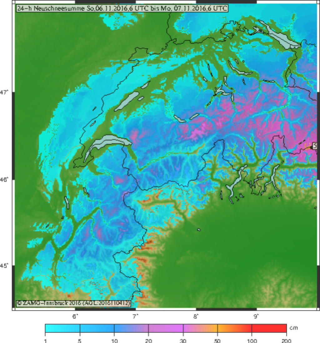 Cumulative amounts of fresh snow in the Western Alps until Sunday