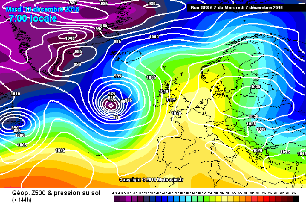500hPa geopotential and ground pressure, exemplary map for next week Tuesday (13.12.)