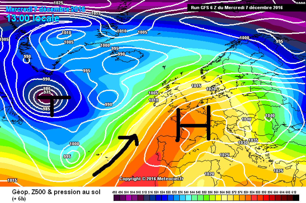 500hPa geopotential and ground pressure, European section for today, Wednesday, 7.12. The Alps are still under the influence of a stable high. Warm air masses from the southwest are pushing last week's cold away to the east.