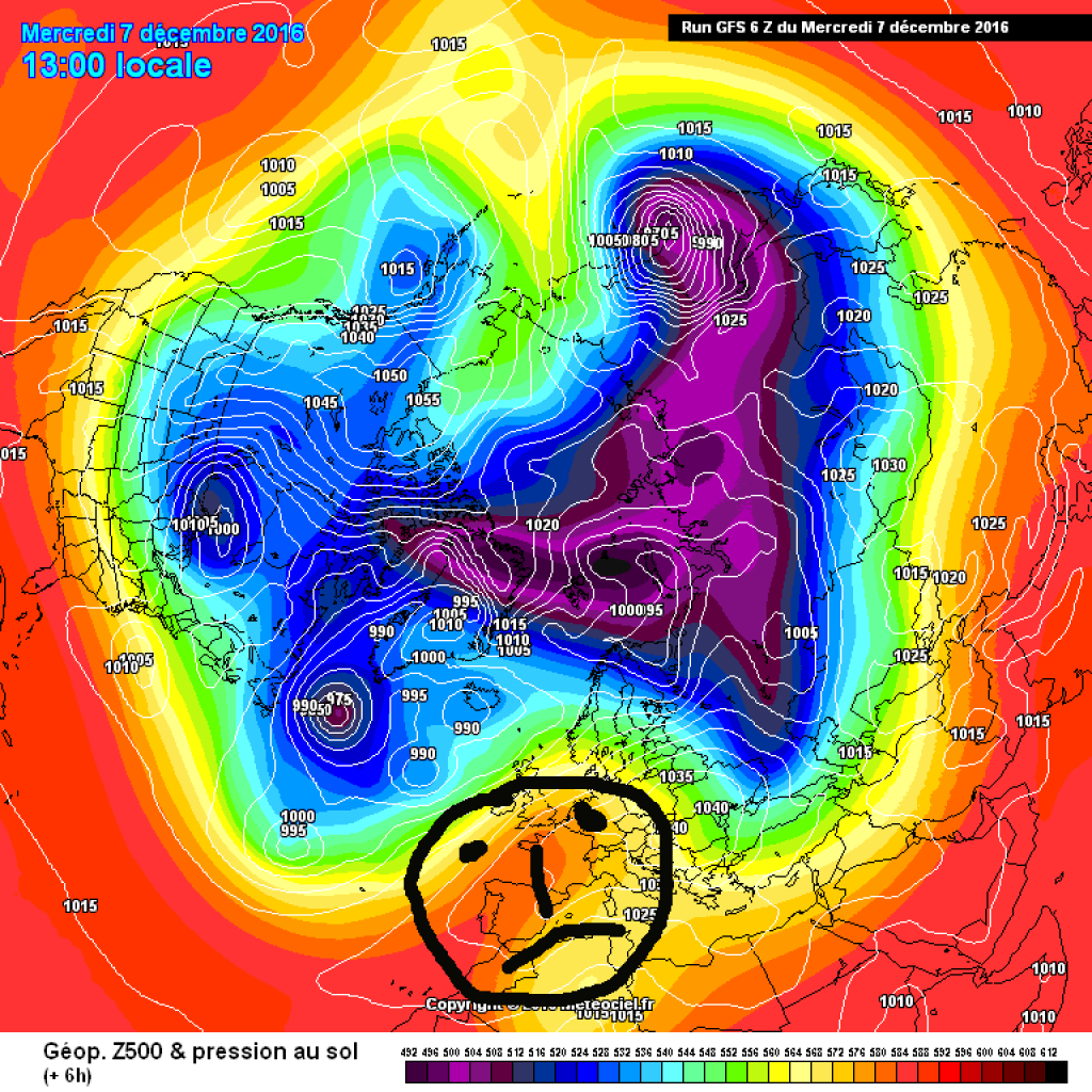 500hPa geopotential and ground pressure, northern hemispheric view for today, Wednesday, 7.12.