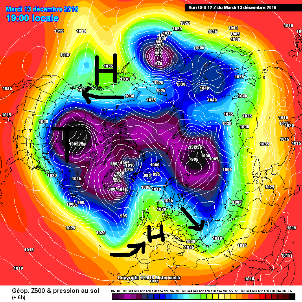 500hPa geopotential and ground pressure (13.12.16): There is another high pressure system in the Arctic Ocean to the west of Alaska. On the eastern flank of this high, cold air is sliding into Canada. On the eastern flank of our high, cold air is sliding towards Turkey.