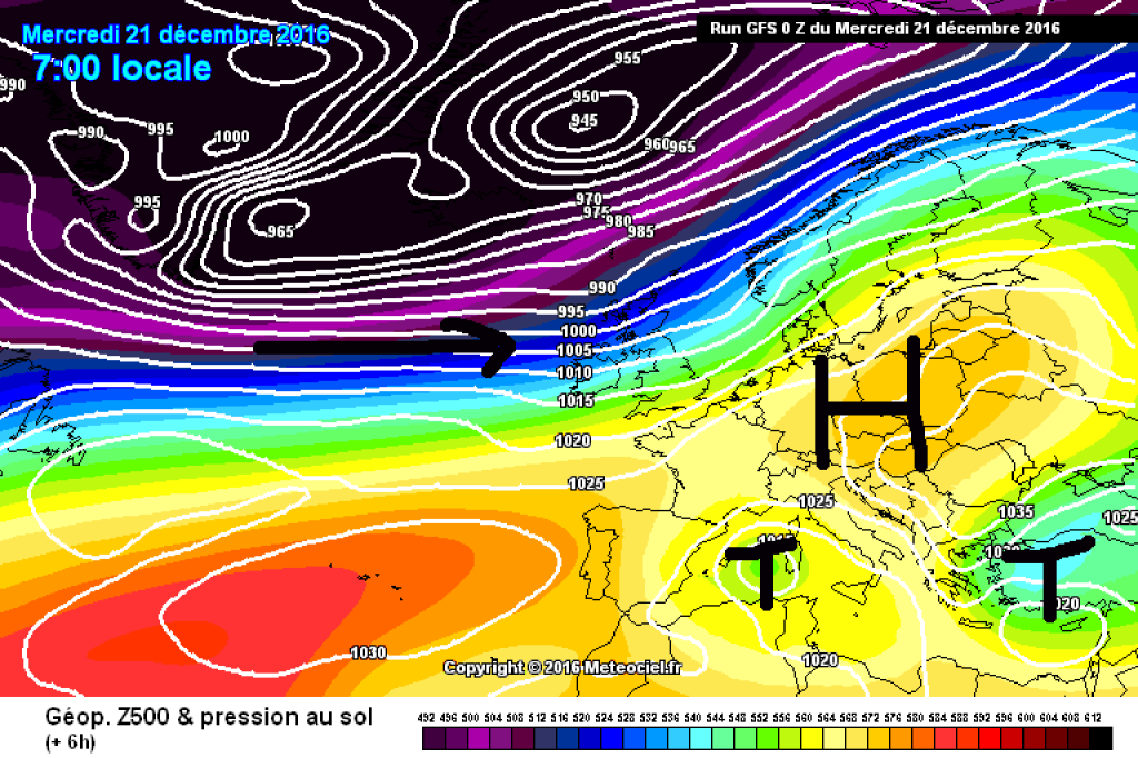 500hPa geopotential and ground pressure today, Wednesday, 21.12.16. In the western Mediterranean, a low pressure system has caused PowderAlert in the last few days. High pressure in the northern Alps. The flow over the Atlantic is zonal, but with a frontal zone far to the north.