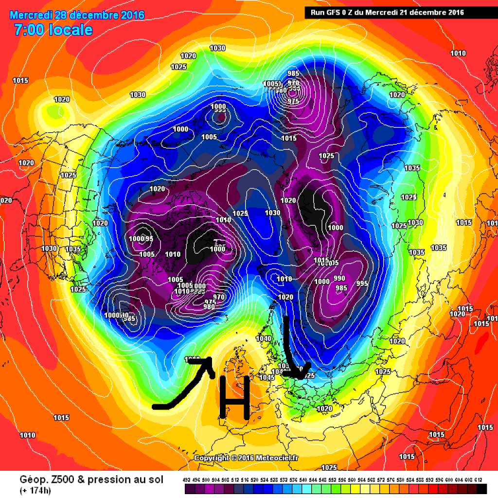500hPa geopotential and ground pressure, exemplary forecast for Wednesday, 28.12. It would be warm and sunny in the west and colder in the east.