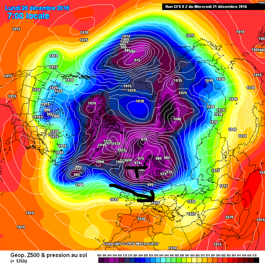 500hPa geopotential and ground pressure, forecast for Monday, 26.12. Potential storm situation with low pressure core in the area of the British Isles.