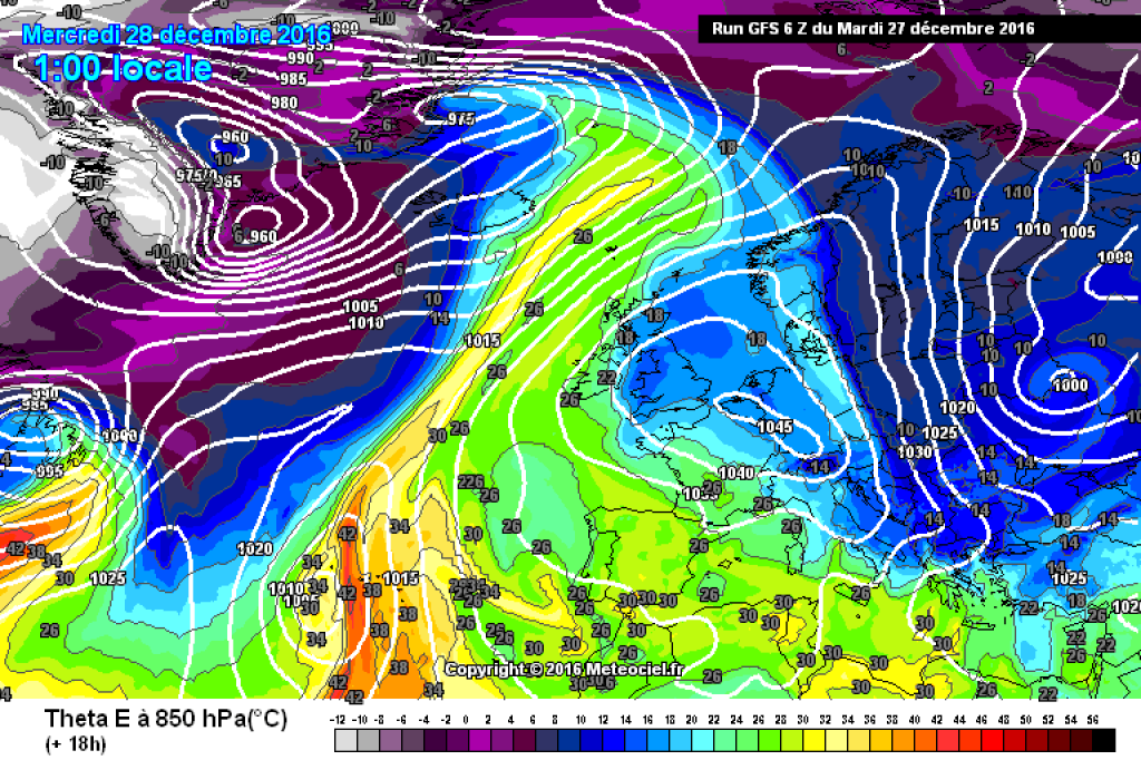 Theta E at 850hPa, Wednesday 28.12. Long warm front from the low pressure core over Iceland to the eastern Alps.