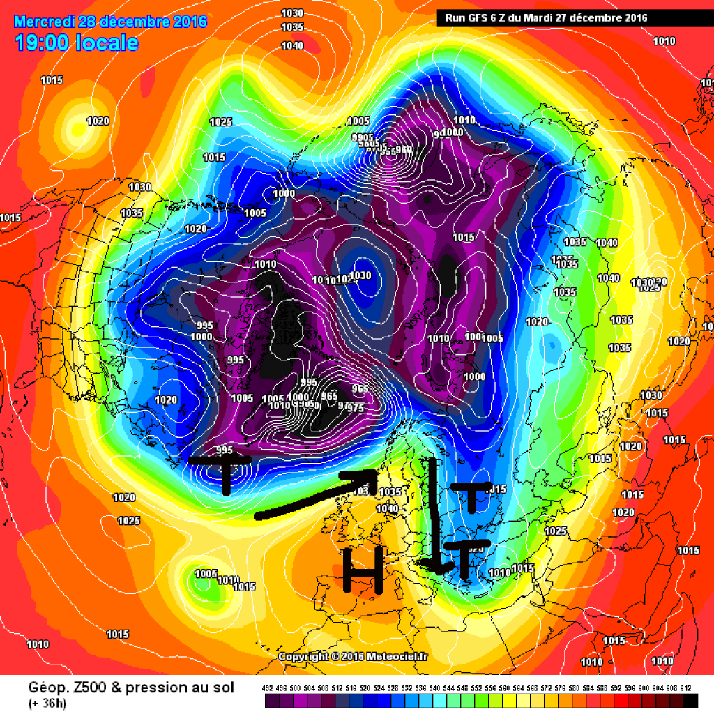 500hPa geopotential and ground pressure, Wednesday, 28.12.
