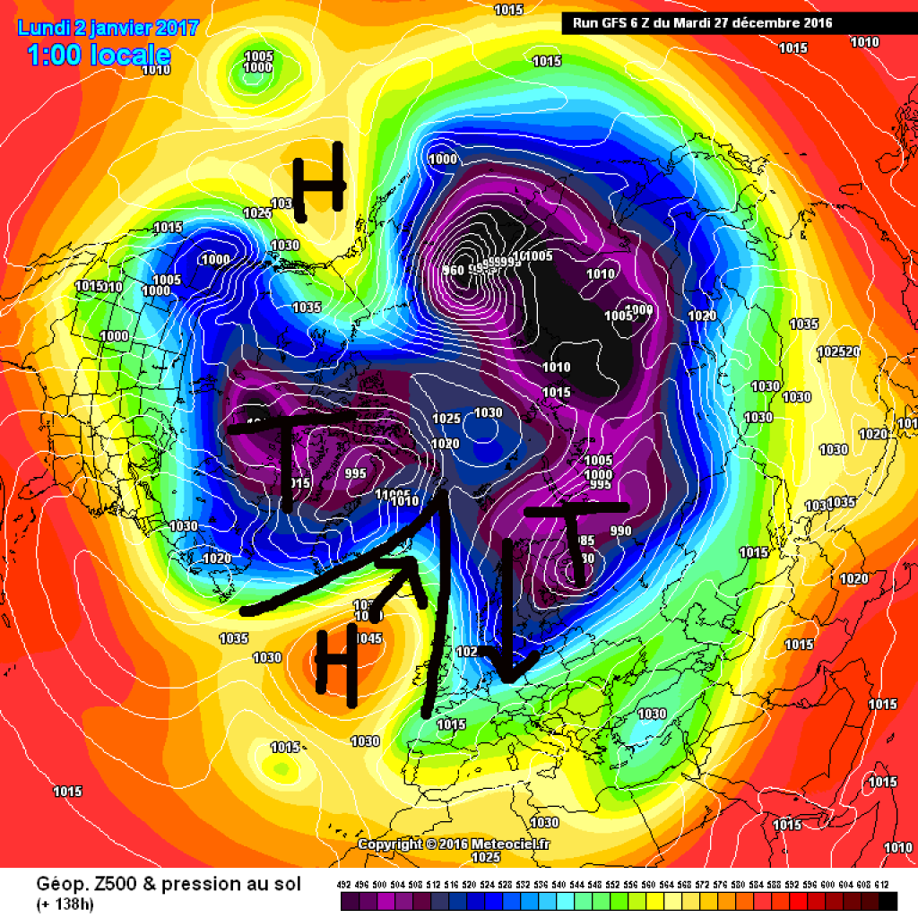 500hPa geopotential and ground pressure, forecast for Monday, 2.1.2017 Depending on the exact axis position, it looks like a N or NW situation for the days after the turn of the year.