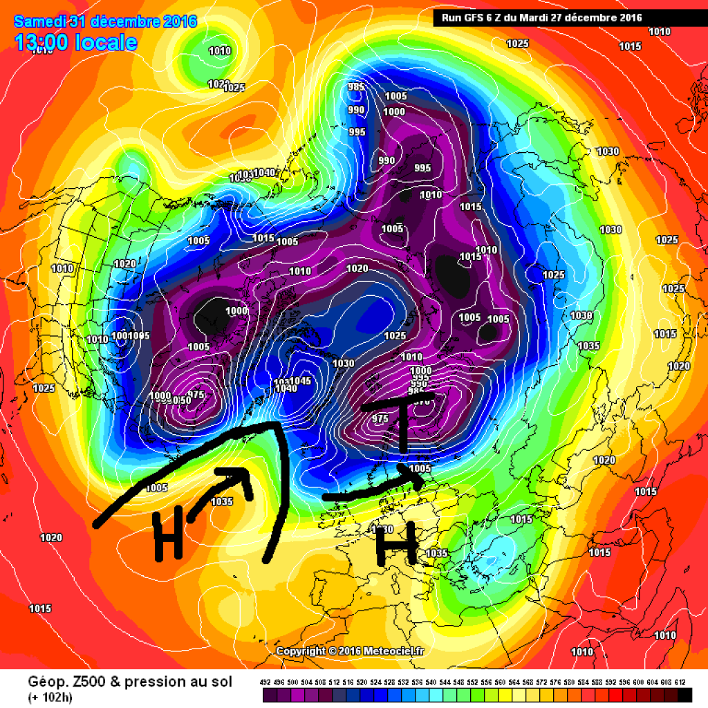 500hPa geopotential and ground pressure, forecast for Saturday, 31.12. High pressure influence in the Alpine region. Strengthening Azores high working on weather change.