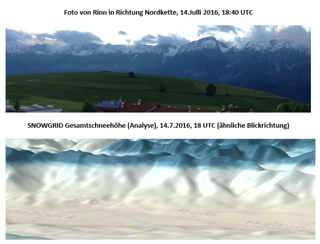 Photo comparison: Where does SNOWGRID (below, blue=snow) see the small summer snowfall and where is it really (above)?