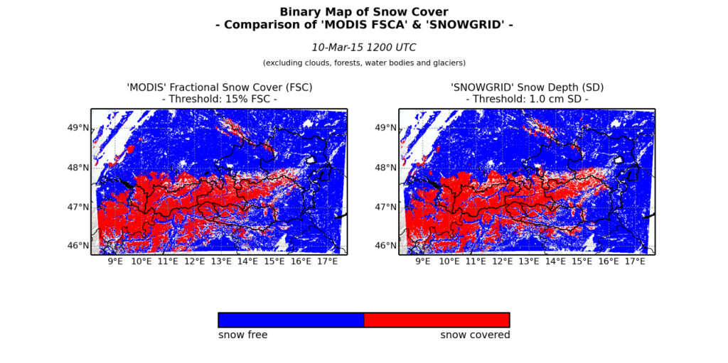 Comparison: Snow cover in the satellite image (left) and in SNOWGRID (right).