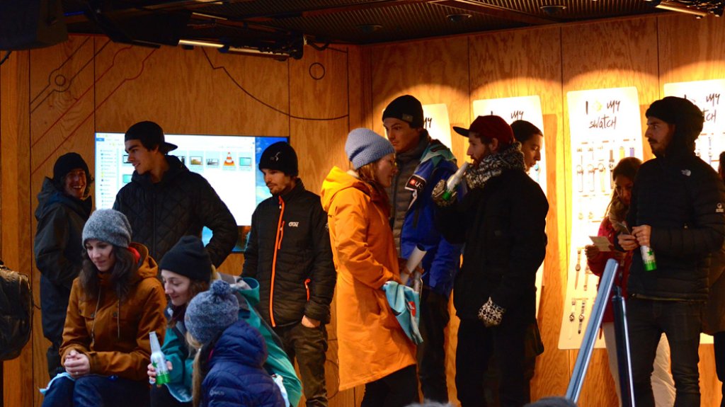 The riders at the official Swatch FWT stand in the center of Chamonix.
