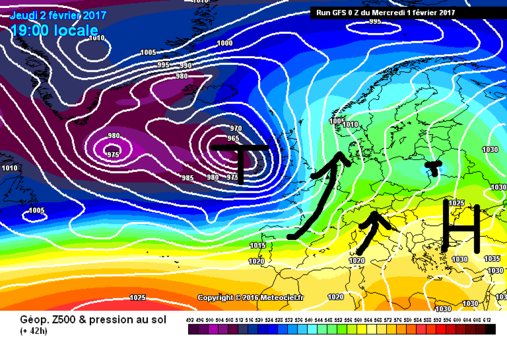 500hPa geopotential and surface pressure for tomorrow, Thursday 2.2.17. The Alpine arc is increasingly moving from the west into the southerly flow on the front of the Atlantic low pressure.