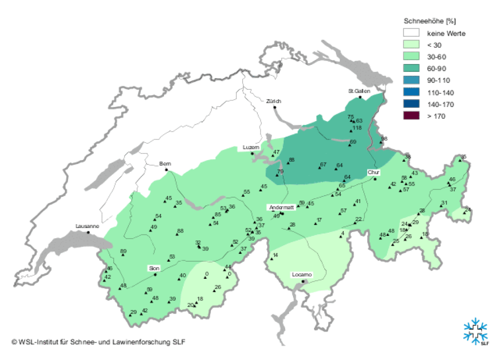 Deviation of the current snow depth from the long-term average in percent in Switzerland.