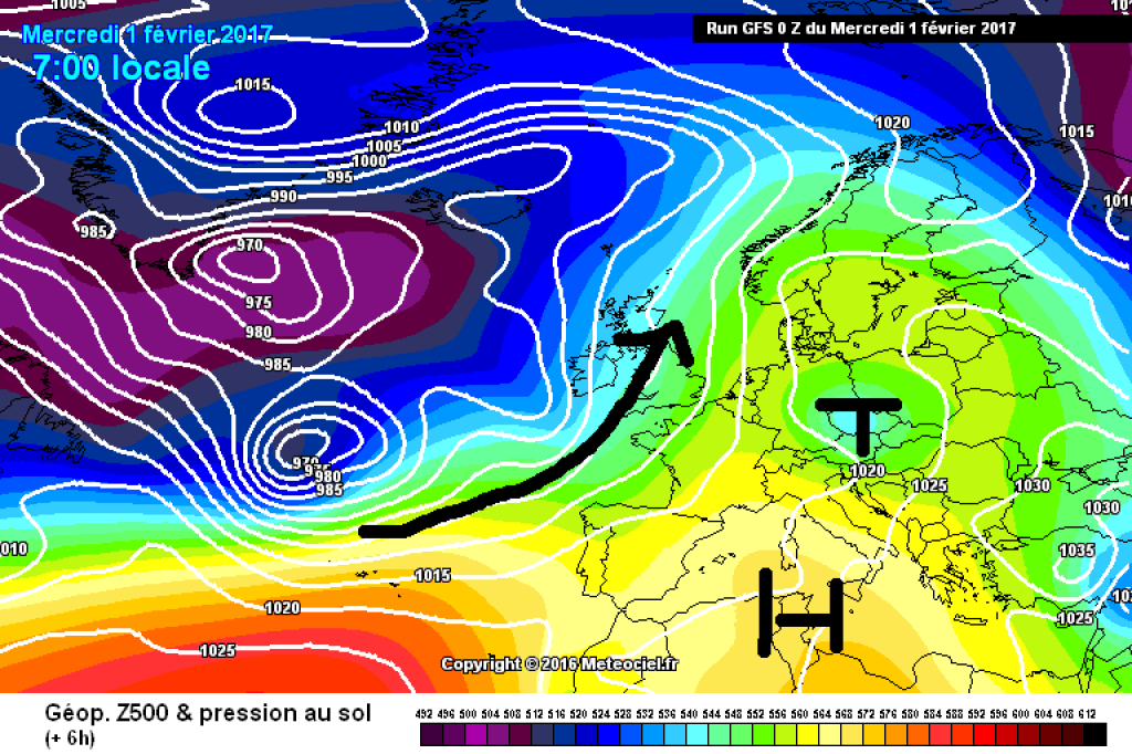 500hPa geopotential and ground pressure, today Wednesday, 1.2.17. The high pressure low that brought precipitation to the northern eastern Alps last night is moving eastwards. A powerful low-pressure complex lies off the west coast of the European continent.