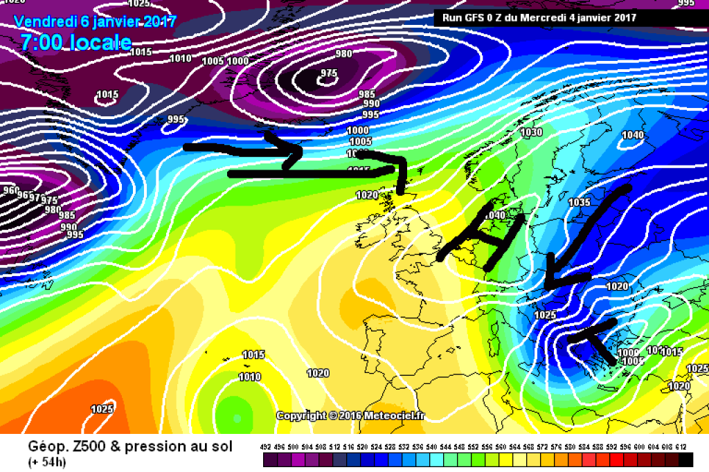 500hPa geopotential and ground pressure on Friday, January 6. The axial position tilts a little and the northerly flow gets an easterly component - optimal slide for Arctic air masses...