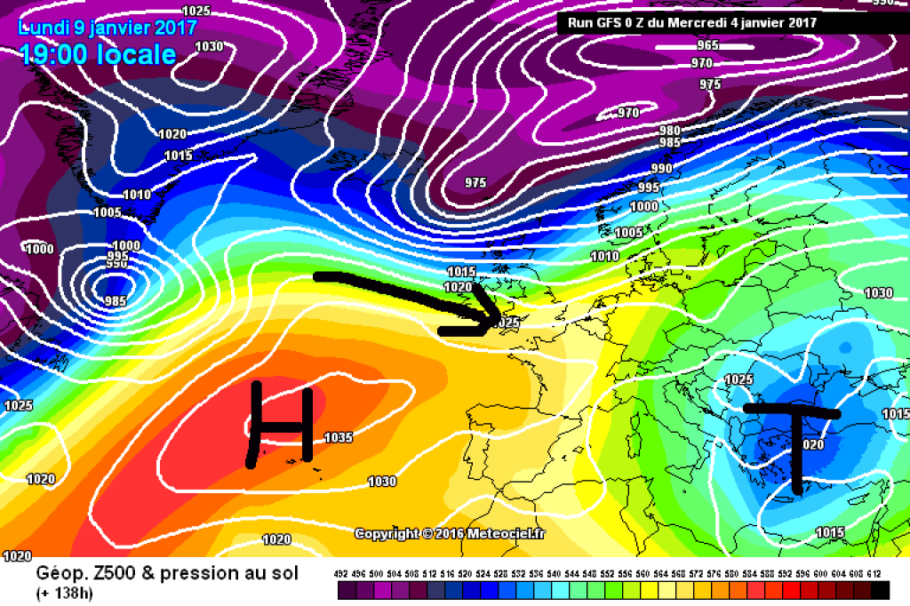 500hPa geopotential and ground pressure, exemplary map for next Monday, 9.1. The high in the west no longer extends as far north, the flow becomes more zonal, option for a NW position. Balkan low present.