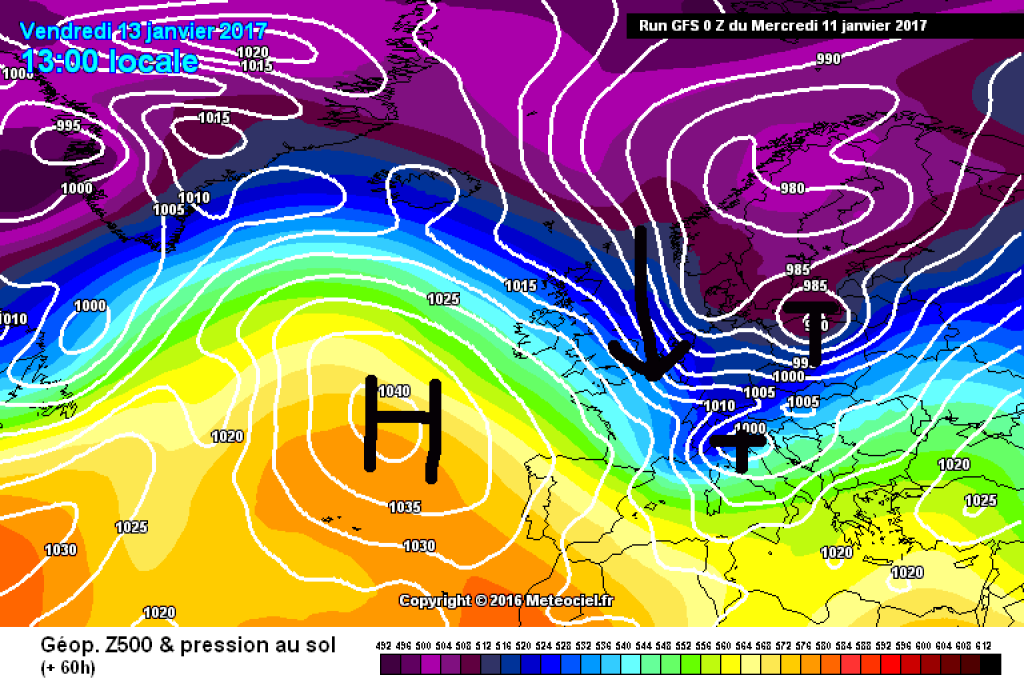 500hPa geopotential and ground pressure for Friday, 13.1.17. Polar air reaches the Alps once again, the temporary mildness is over. Cyclogenesis in the Mediterranean region.