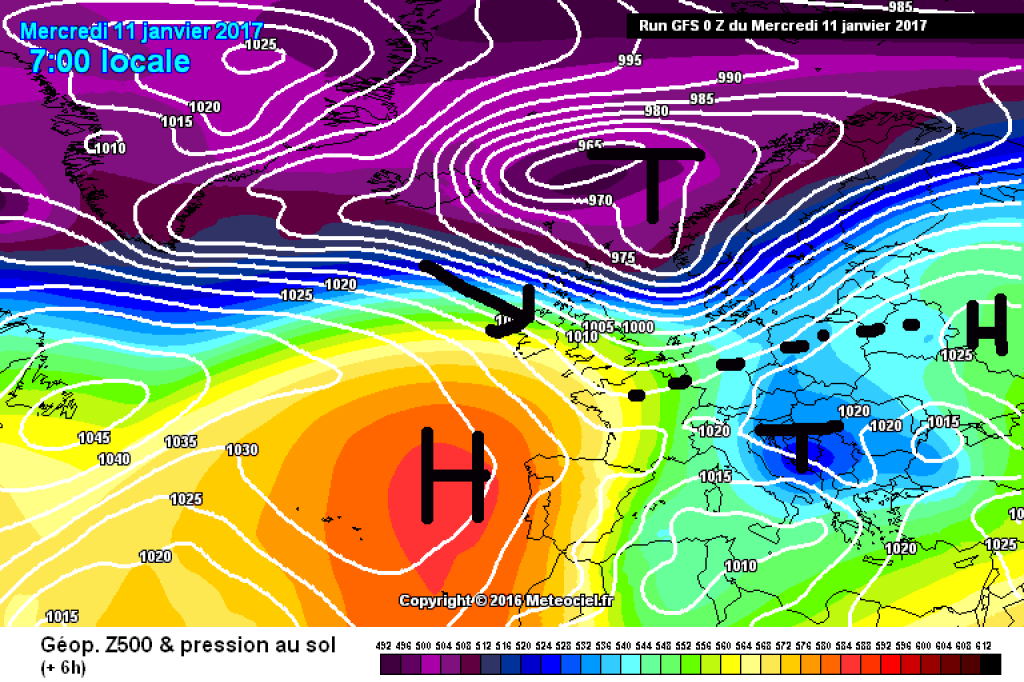 500hPa geopotential and ground pressure, Wednesday 11.1.17. There is still a hint of a high pressure bridge, which has provided calm, sunny weather over the last few days. The next disturbance is approaching from the NW.