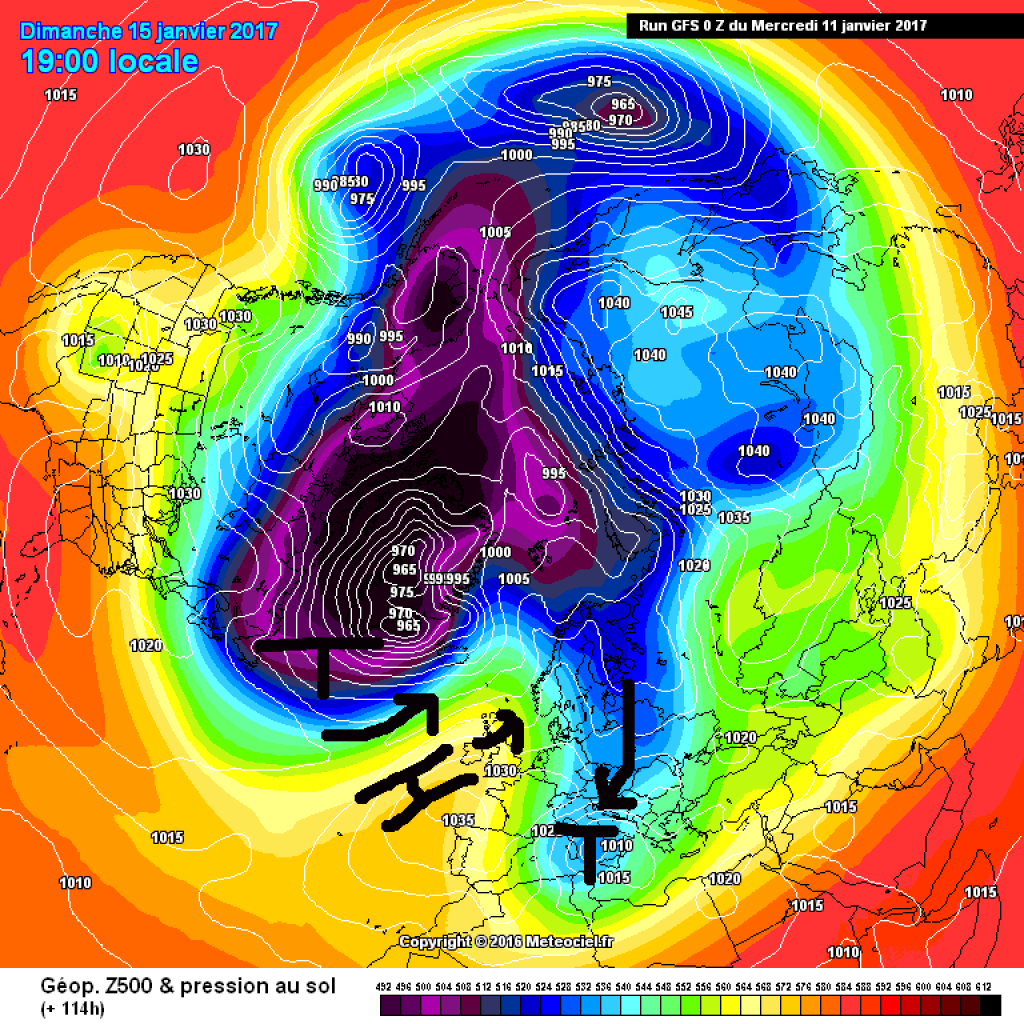 500hPa geopotential and ground pressure, forecast for Sunday, January 15. Driven by the deep development near Greenland, the high in the Atlantic will tilt to the east and push over Scandinavia. Cold air from the north slides into the (eastern) Alpine region.