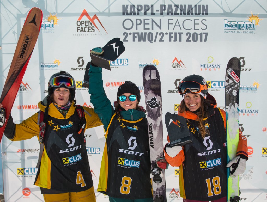  The podium in the women's skiing: from left Jacoba Kriechmayr, Malene Madsen, Sabine Schipflinger
