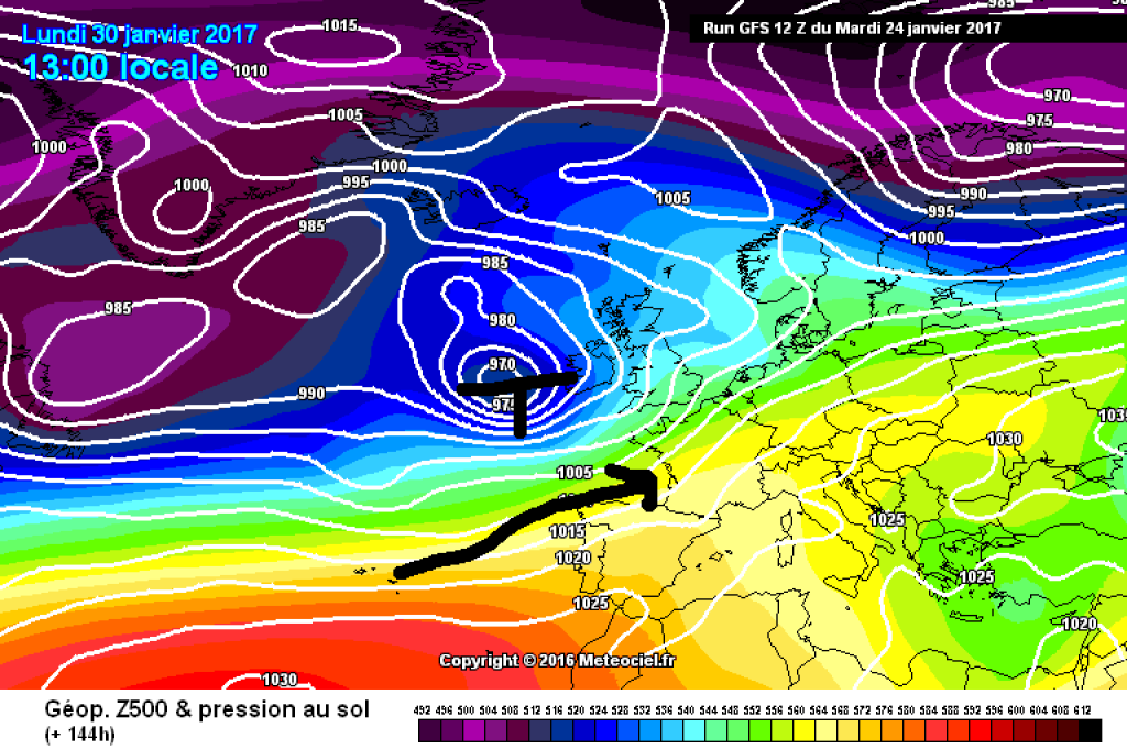 500hPa geopotential and ground pressure, exemplary map for Monday, January 30th Mild southwesterly flow, not particularly wintry...