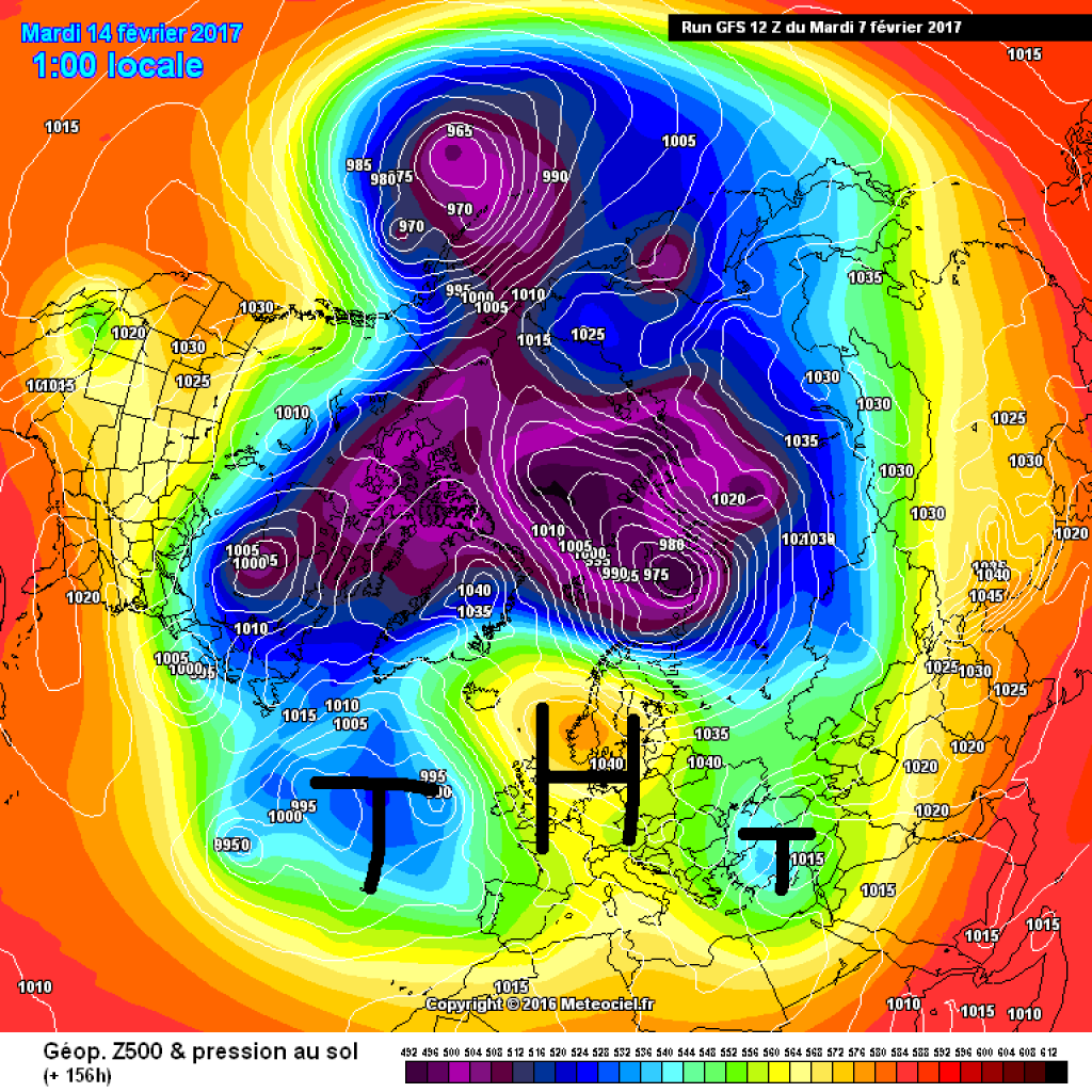 500hPa geopotential and ground pressure, exemplary map for Tuesday next week (14.2.). High pressure over Central Europe.