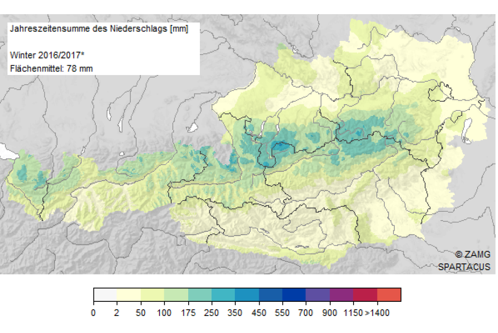 Precipitation total of the winter so far in Austria in mm.