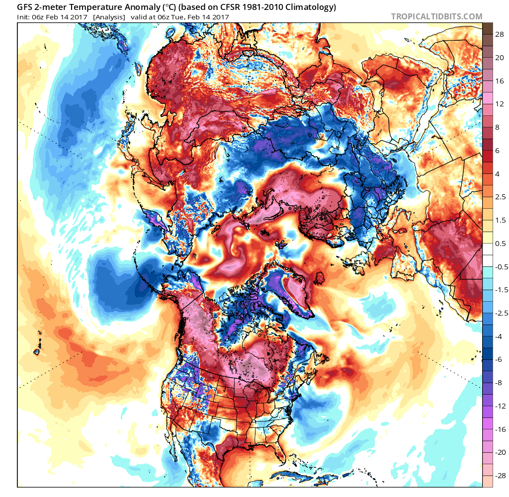 GFS 2 m temperature anomaly from 14.2.2017, based on 1981-2010. Strong positive deviations in the Arctic.