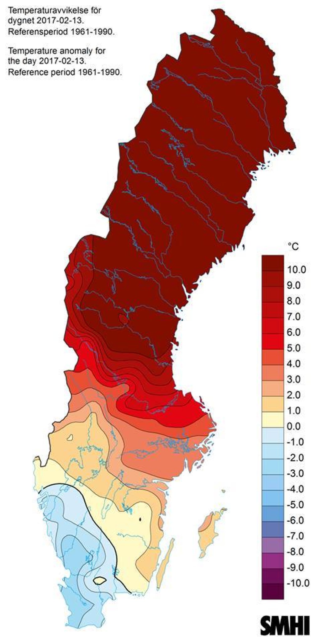 Temperature anomaly Sweden from 13.2.2017, based on the period 1961-1990.