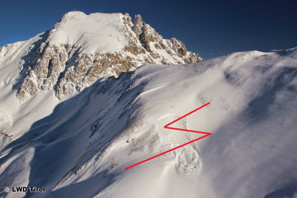 Accidental avalanche from 31.12.2014 with approximate course of ascent track