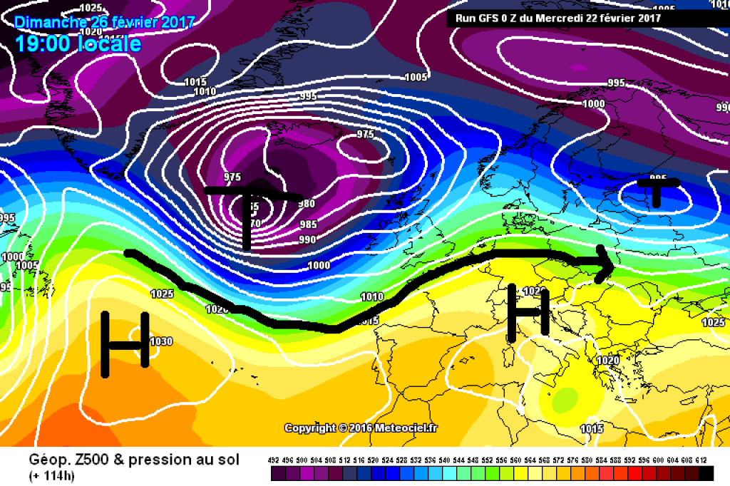 500hPa geopotential and ground pressure, Sunday 26.2.17. Milder weather, current increasingly turning from W to SW.