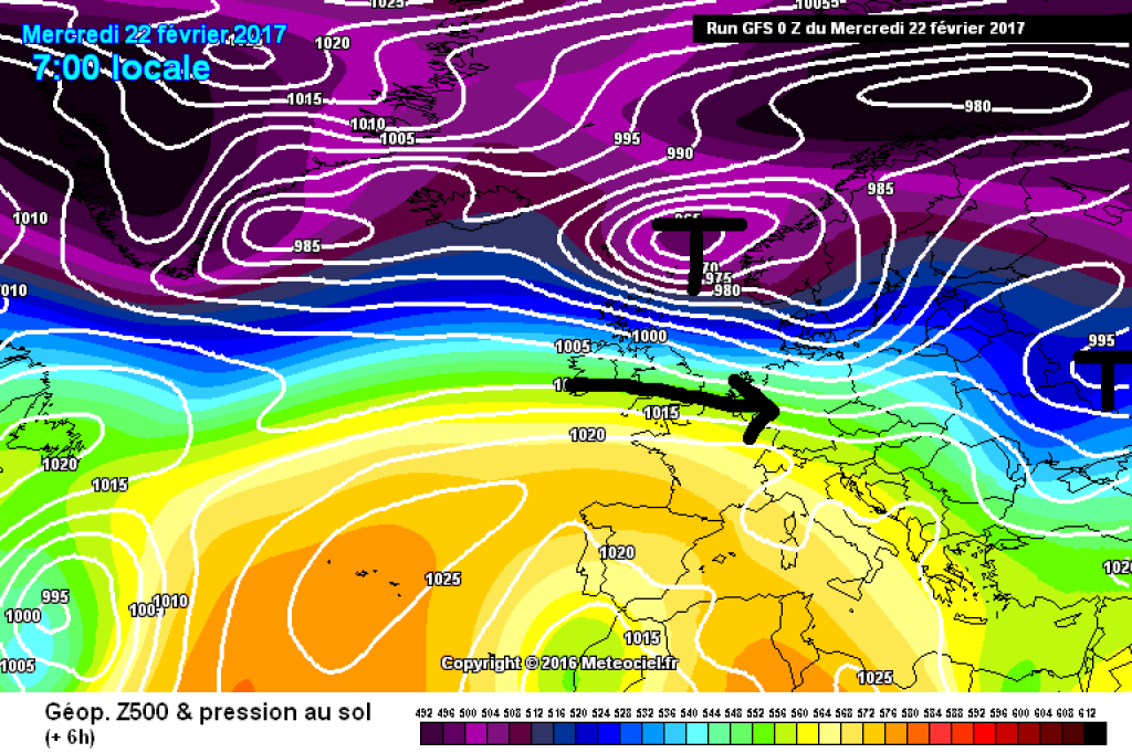 500hPa geopotential and ground pressure, Wednesday 22.2.17. Strong westerly flow over the Alps.