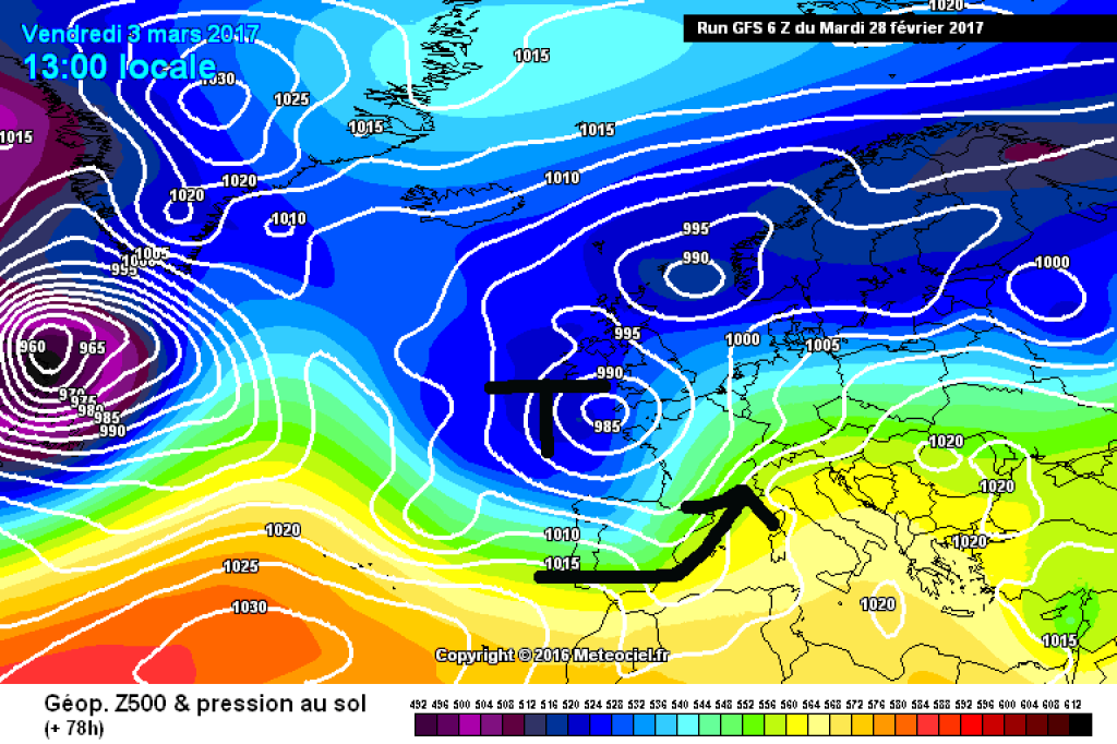 500hPa geopotential and ground pressure, forecast 3.3. (Friday). A new trough approaches from the west, flow in the Alps turns to SW.