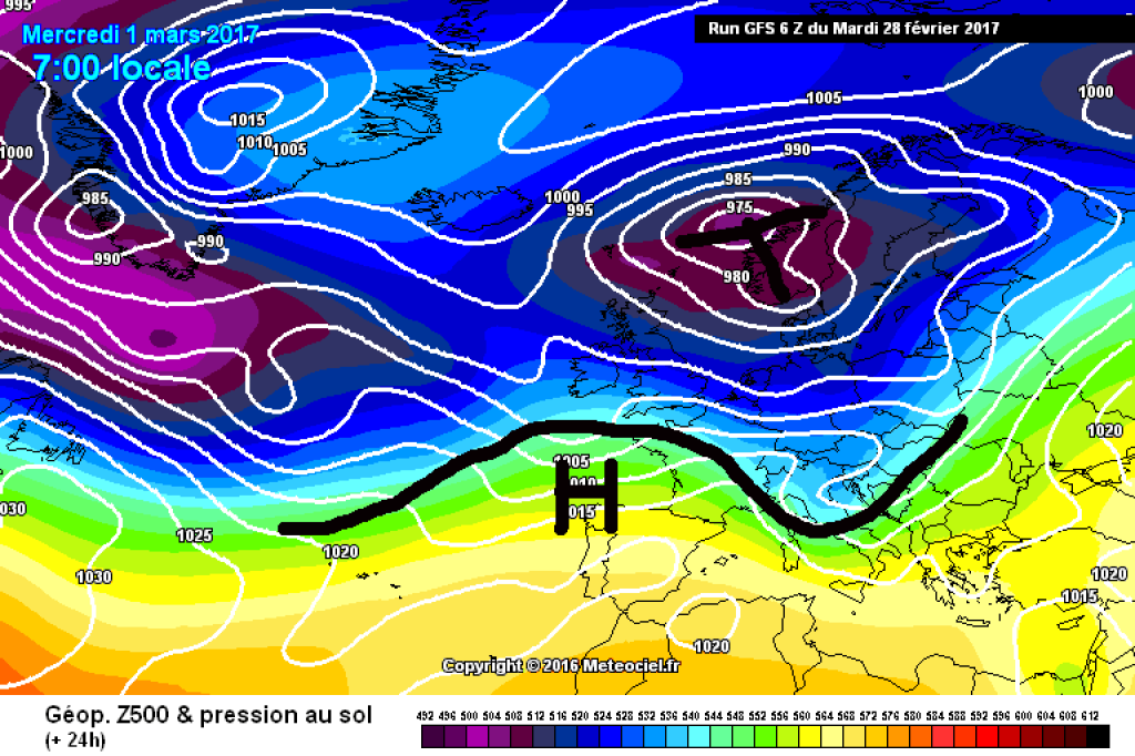 500hPa geopotential and ground pressure, Wednesday 1.3. A trough with a core over Scandinavia and embedded disturbances will cause turbulent weather in the Alps. This trough will be followed by calmer weather over the next few days, then the next trough will move in.
