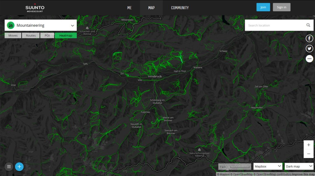 The Suunto Movescount heatmap shows: Mountaineering is hot in Tirol - also on the roads and highways around Innsbruck