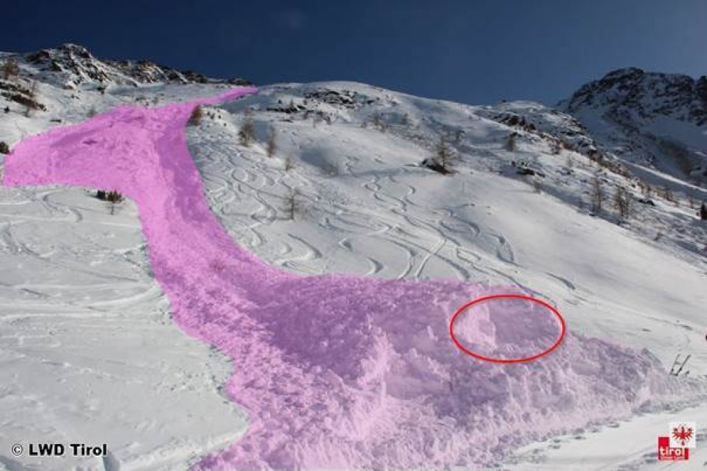 Fatal avalanche on the Gaislachkogel on 13.3.2017. In the immediate vicinity of the crack, several blasting operations had previously taken place.