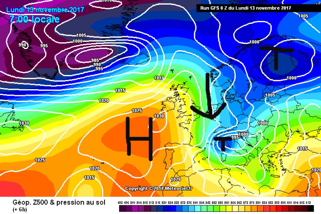 500hPa geopotential from Monday, 13.11.17. The Alps are located between the Azores High and the Scandinavian Rise in a northerly flow. The dripping low can be seen in northern Italy.