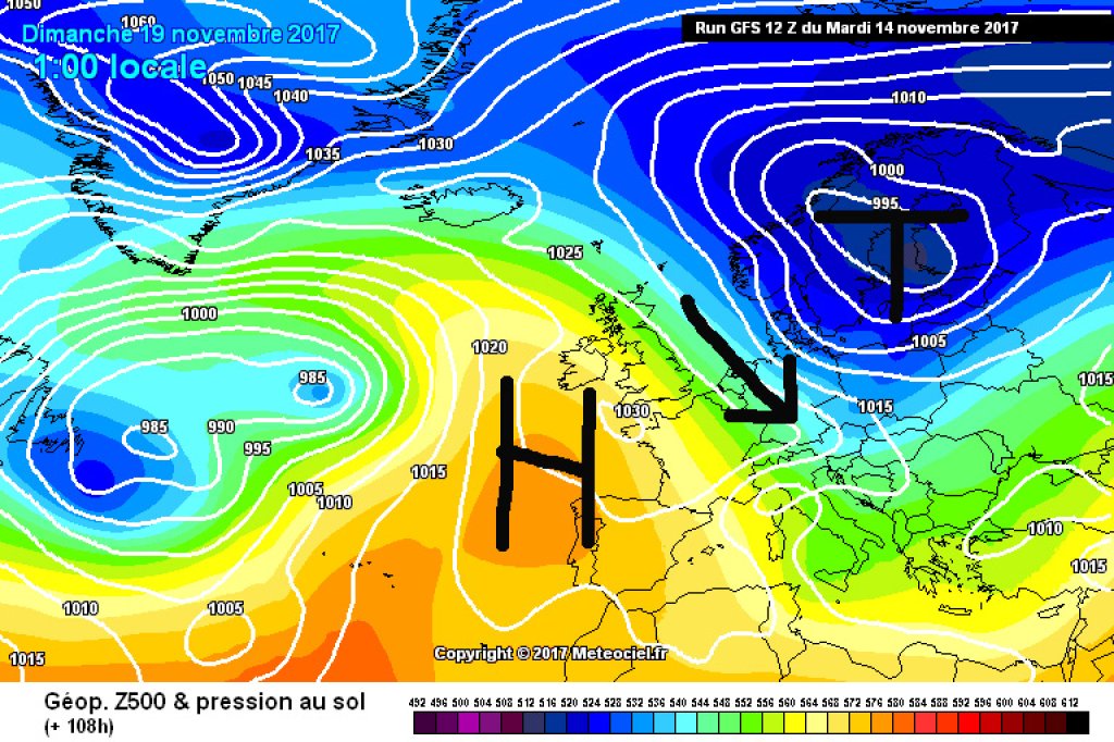 500hPa Geopotential for Sunday, 19.11. This time, the Alps are located between the Azores High and the Scandinavian Low in a northwesterly flow. Unsettled, cool weather and precipitation are to be expected.