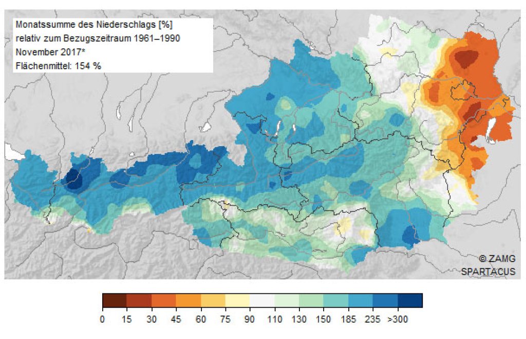 November precipitation in Austria so far. The maxima in the northern congested areas in western Austria are clearly visible.