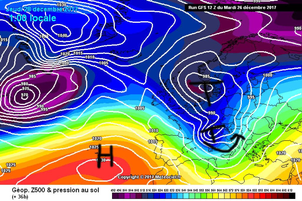 500hPa geopotential and ground pressure, forecast for Thursday night. The Italian low on the southern edge of the larger trough north of it will cause accumulated precipitation in the south.